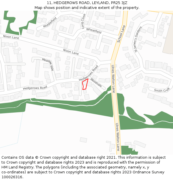 11, HEDGEROWS ROAD, LEYLAND, PR25 3JZ: Location map and indicative extent of plot
