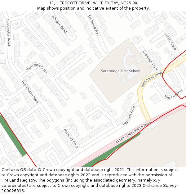 11, HEPSCOTT DRIVE, WHITLEY BAY, NE25 9XJ: Location map and indicative extent of plot