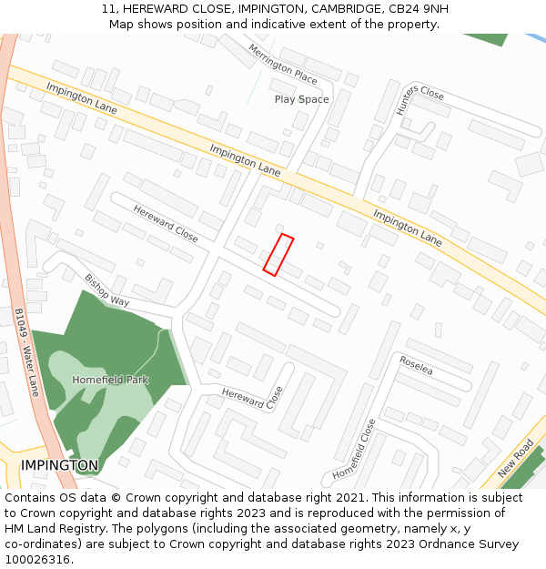 11, HEREWARD CLOSE, IMPINGTON, CAMBRIDGE, CB24 9NH: Location map and indicative extent of plot