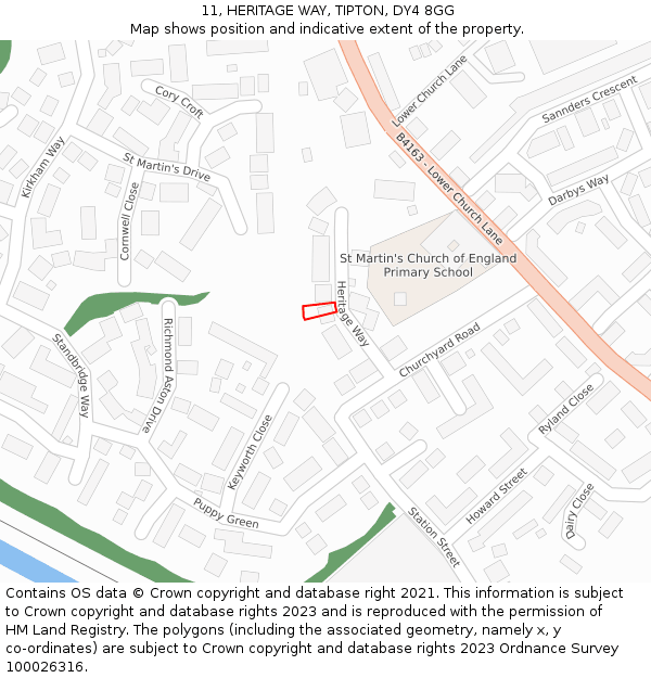 11, HERITAGE WAY, TIPTON, DY4 8GG: Location map and indicative extent of plot