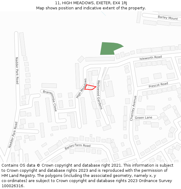 11, HIGH MEADOWS, EXETER, EX4 1RJ: Location map and indicative extent of plot