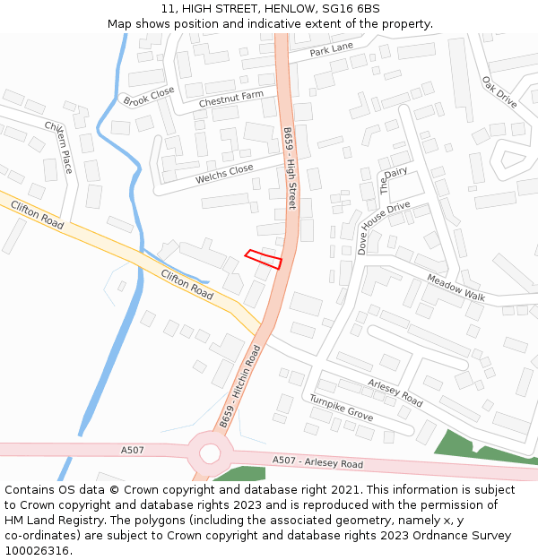 11, HIGH STREET, HENLOW, SG16 6BS: Location map and indicative extent of plot