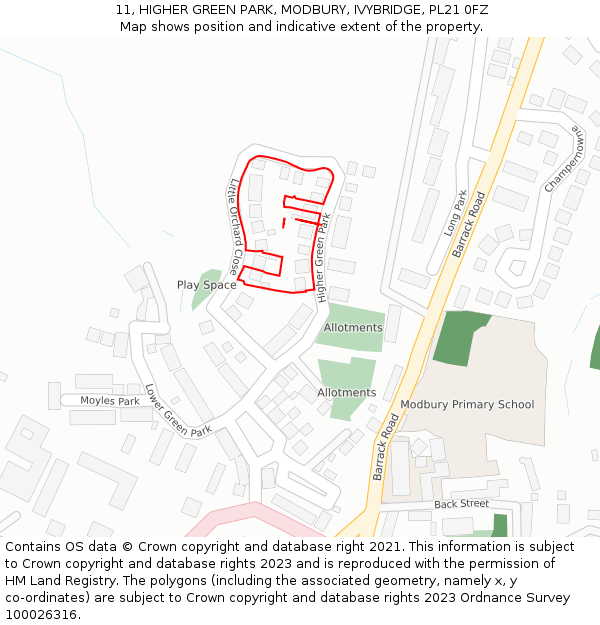 11, HIGHER GREEN PARK, MODBURY, IVYBRIDGE, PL21 0FZ: Location map and indicative extent of plot