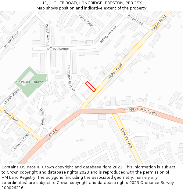 11, HIGHER ROAD, LONGRIDGE, PRESTON, PR3 3SX: Location map and indicative extent of plot