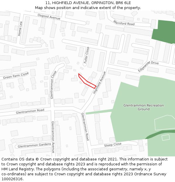 11, HIGHFIELD AVENUE, ORPINGTON, BR6 6LE: Location map and indicative extent of plot