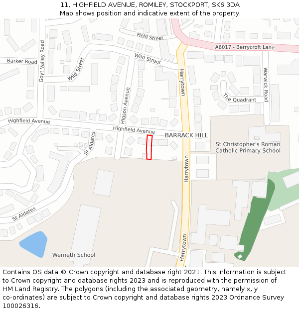 11, HIGHFIELD AVENUE, ROMILEY, STOCKPORT, SK6 3DA: Location map and indicative extent of plot