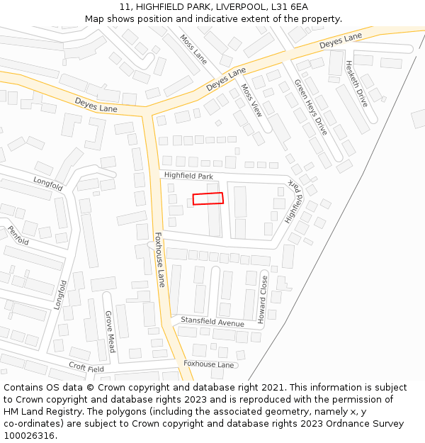 11, HIGHFIELD PARK, LIVERPOOL, L31 6EA: Location map and indicative extent of plot