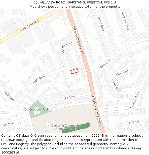 11, HILL VIEW ROAD, GARSTANG, PRESTON, PR3 1JU: Location map and indicative extent of plot