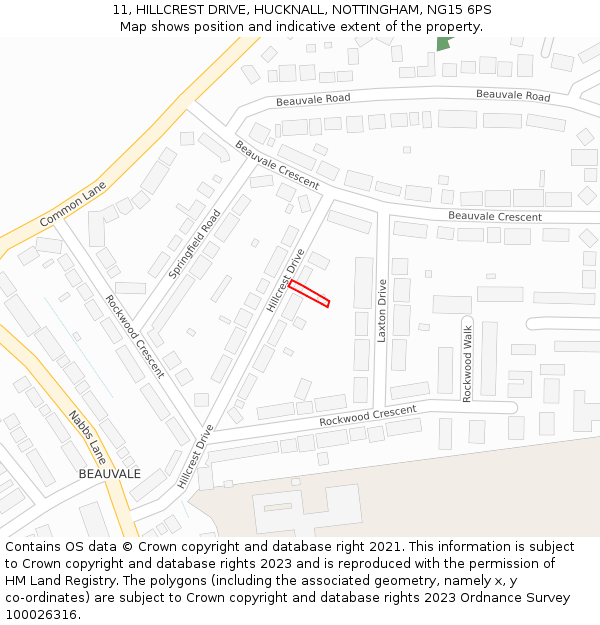 11, HILLCREST DRIVE, HUCKNALL, NOTTINGHAM, NG15 6PS: Location map and indicative extent of plot