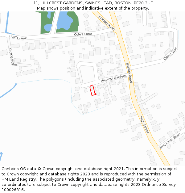11, HILLCREST GARDENS, SWINESHEAD, BOSTON, PE20 3UE: Location map and indicative extent of plot
