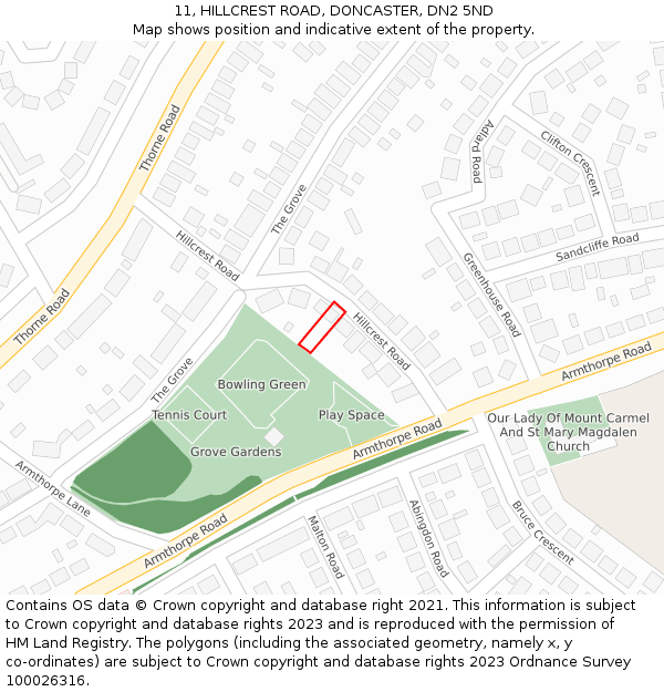 11, HILLCREST ROAD, DONCASTER, DN2 5ND: Location map and indicative extent of plot
