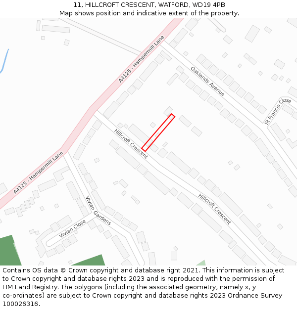 11, HILLCROFT CRESCENT, WATFORD, WD19 4PB: Location map and indicative extent of plot