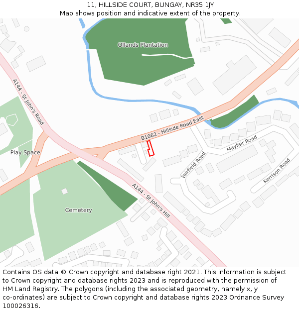 11, HILLSIDE COURT, BUNGAY, NR35 1JY: Location map and indicative extent of plot