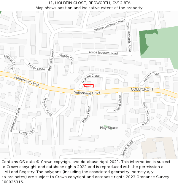 11, HOLBEIN CLOSE, BEDWORTH, CV12 8TA: Location map and indicative extent of plot