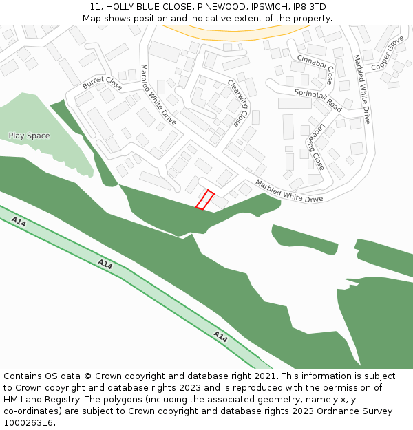 11, HOLLY BLUE CLOSE, PINEWOOD, IPSWICH, IP8 3TD: Location map and indicative extent of plot