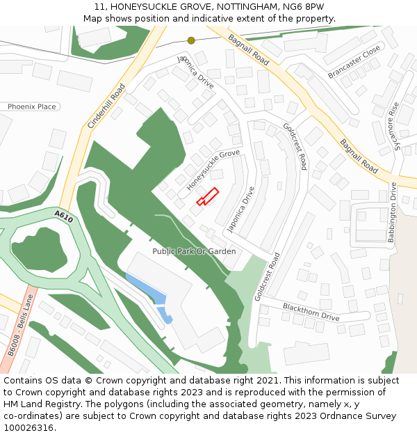 11, HONEYSUCKLE GROVE, NOTTINGHAM, NG6 8PW: Location map and indicative extent of plot