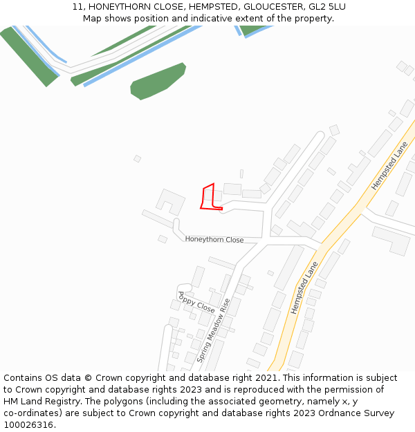 11, HONEYTHORN CLOSE, HEMPSTED, GLOUCESTER, GL2 5LU: Location map and indicative extent of plot