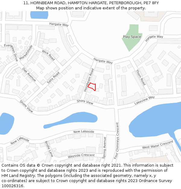 11, HORNBEAM ROAD, HAMPTON HARGATE, PETERBOROUGH, PE7 8FY: Location map and indicative extent of plot