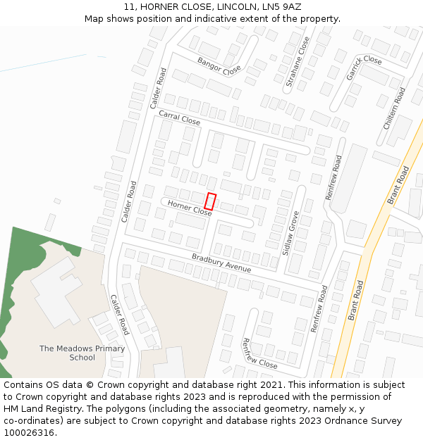 11, HORNER CLOSE, LINCOLN, LN5 9AZ: Location map and indicative extent of plot