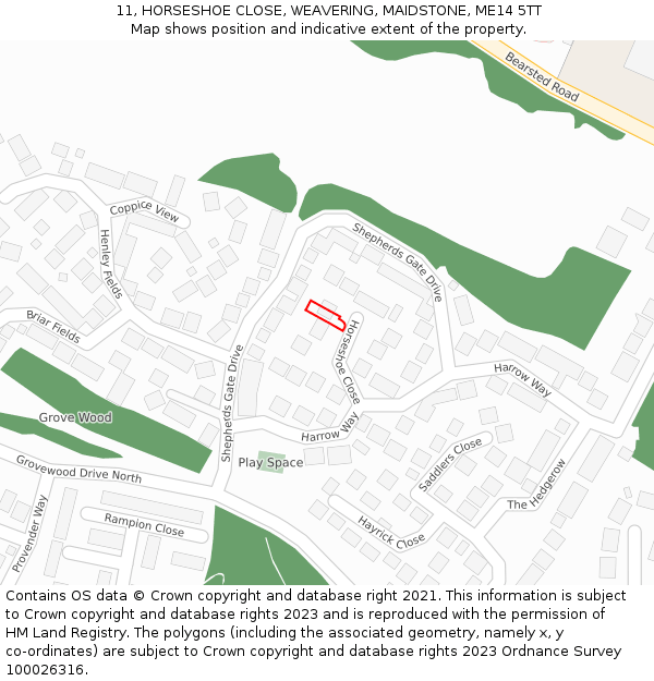 11, HORSESHOE CLOSE, WEAVERING, MAIDSTONE, ME14 5TT: Location map and indicative extent of plot
