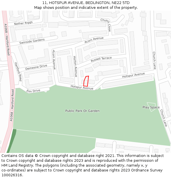 11, HOTSPUR AVENUE, BEDLINGTON, NE22 5TD: Location map and indicative extent of plot