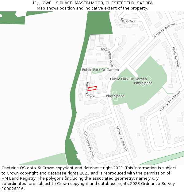 11, HOWELLS PLACE, MASTIN MOOR, CHESTERFIELD, S43 3FA: Location map and indicative extent of plot