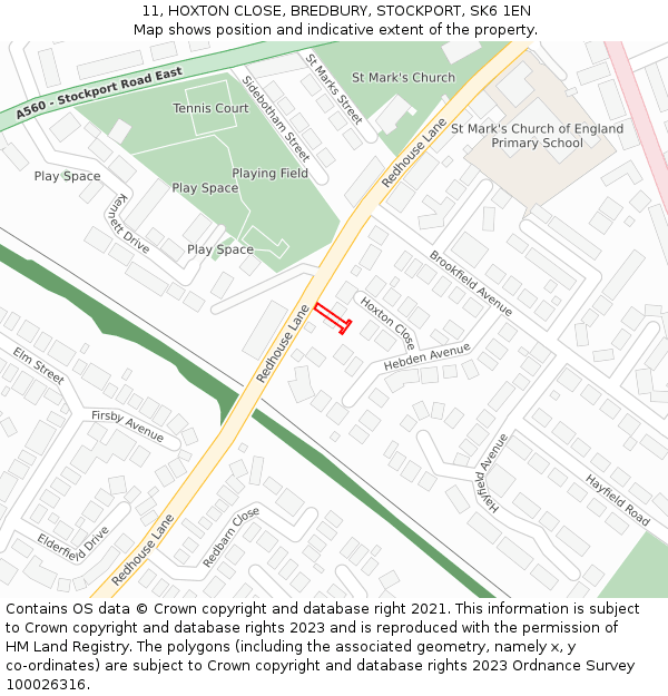 11, HOXTON CLOSE, BREDBURY, STOCKPORT, SK6 1EN: Location map and indicative extent of plot
