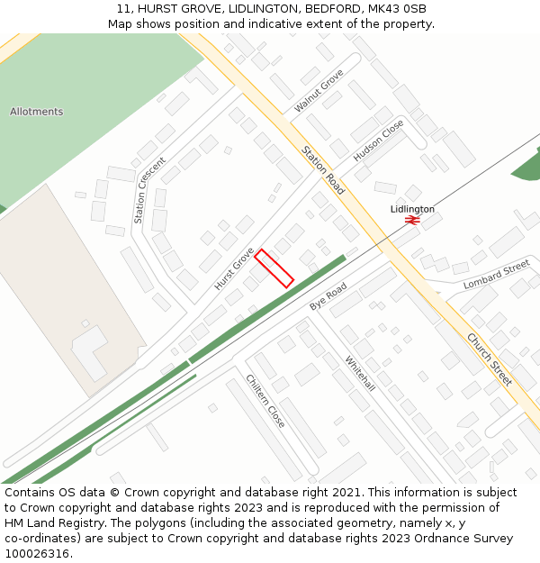 11, HURST GROVE, LIDLINGTON, BEDFORD, MK43 0SB: Location map and indicative extent of plot
