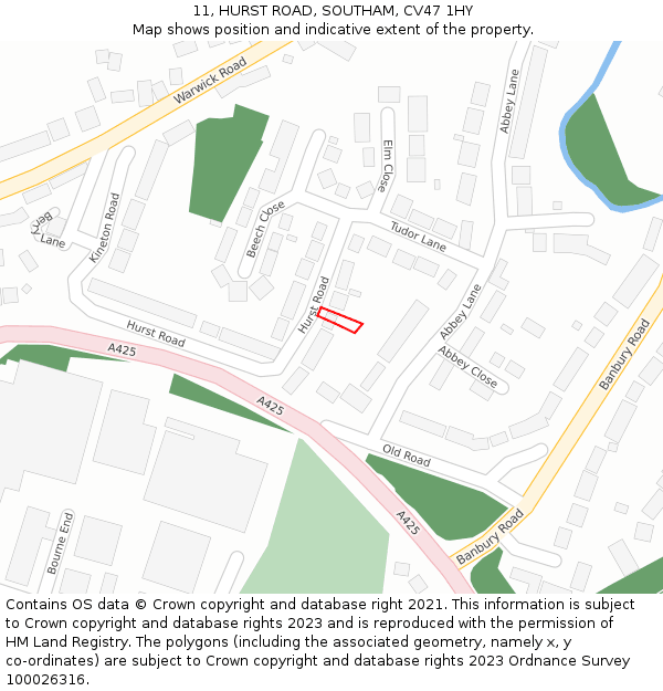 11, HURST ROAD, SOUTHAM, CV47 1HY: Location map and indicative extent of plot