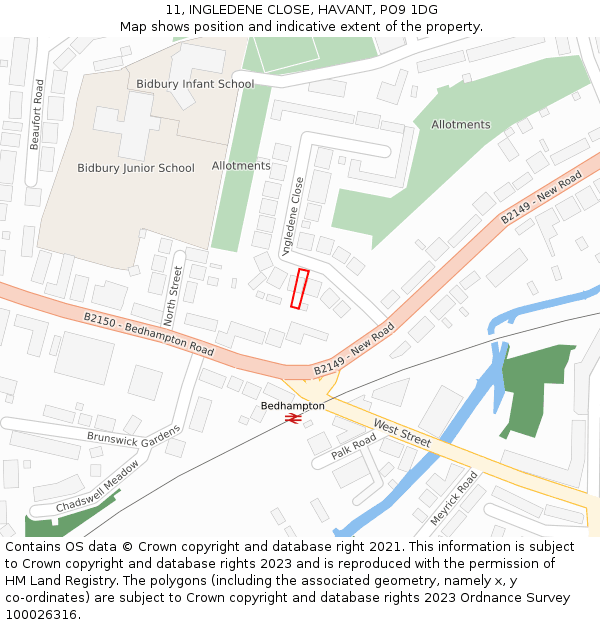 11, INGLEDENE CLOSE, HAVANT, PO9 1DG: Location map and indicative extent of plot