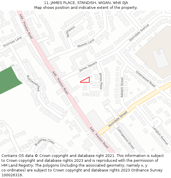 11, JAMES PLACE, STANDISH, WIGAN, WN6 0JA: Location map and indicative extent of plot