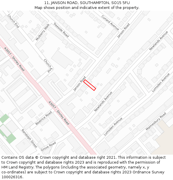 11, JANSON ROAD, SOUTHAMPTON, SO15 5FU: Location map and indicative extent of plot