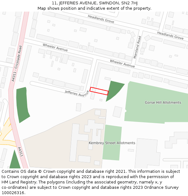 11, JEFFERIES AVENUE, SWINDON, SN2 7HJ: Location map and indicative extent of plot