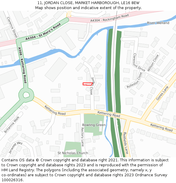 11, JORDAN CLOSE, MARKET HARBOROUGH, LE16 8EW: Location map and indicative extent of plot