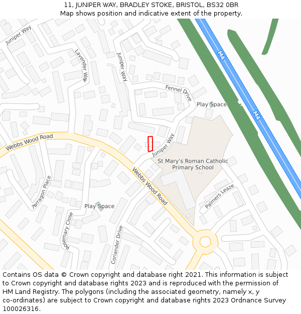 11, JUNIPER WAY, BRADLEY STOKE, BRISTOL, BS32 0BR: Location map and indicative extent of plot