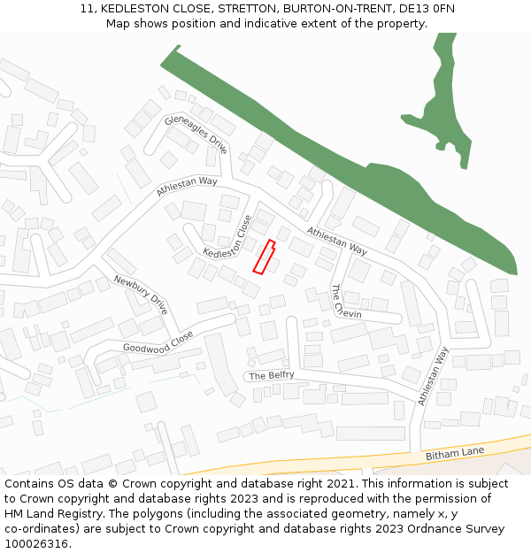 11, KEDLESTON CLOSE, STRETTON, BURTON-ON-TRENT, DE13 0FN: Location map and indicative extent of plot
