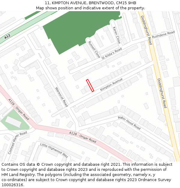 11, KIMPTON AVENUE, BRENTWOOD, CM15 9HB: Location map and indicative extent of plot
