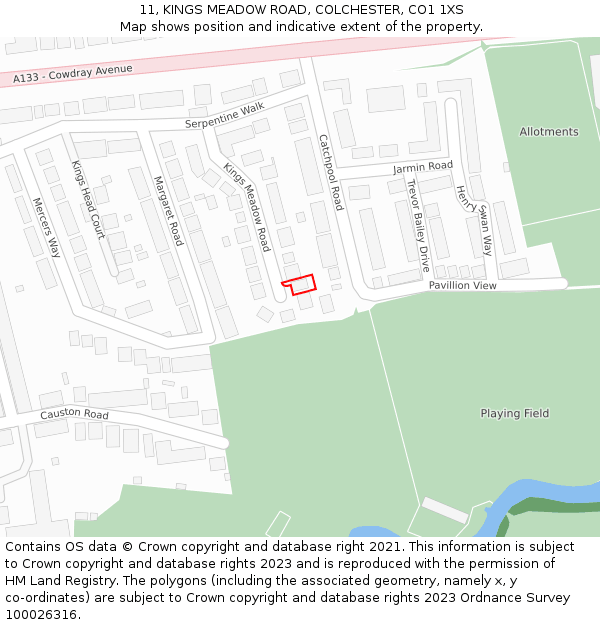 11, KINGS MEADOW ROAD, COLCHESTER, CO1 1XS: Location map and indicative extent of plot