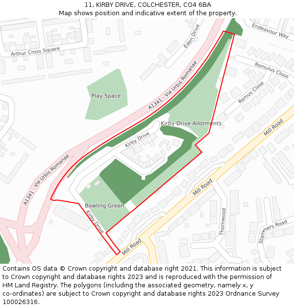 11, KIRBY DRIVE, COLCHESTER, CO4 6BA: Location map and indicative extent of plot