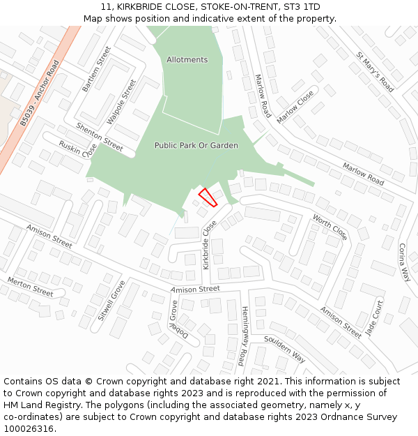 11, KIRKBRIDE CLOSE, STOKE-ON-TRENT, ST3 1TD: Location map and indicative extent of plot