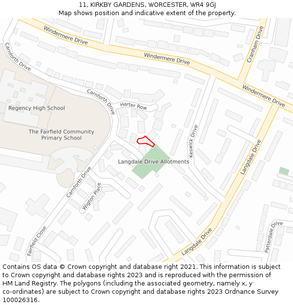 11, KIRKBY GARDENS, WORCESTER, WR4 9GJ: Location map and indicative extent of plot