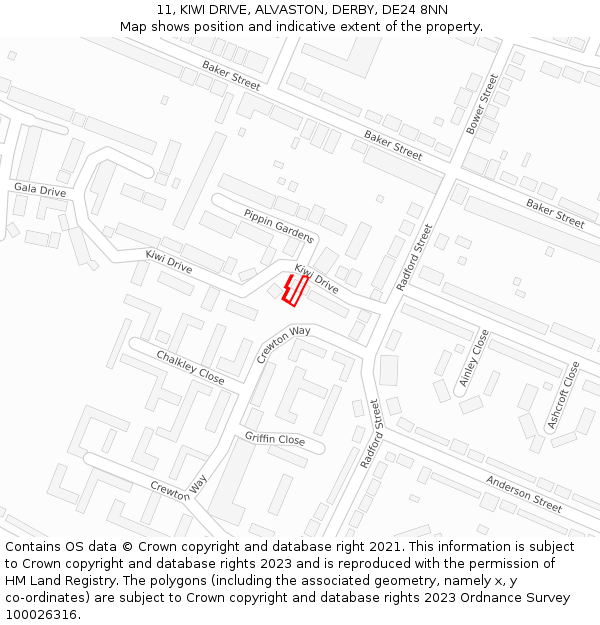 11, KIWI DRIVE, ALVASTON, DERBY, DE24 8NN: Location map and indicative extent of plot