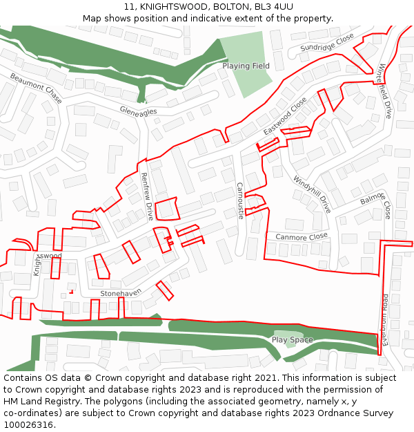 11, KNIGHTSWOOD, BOLTON, BL3 4UU: Location map and indicative extent of plot