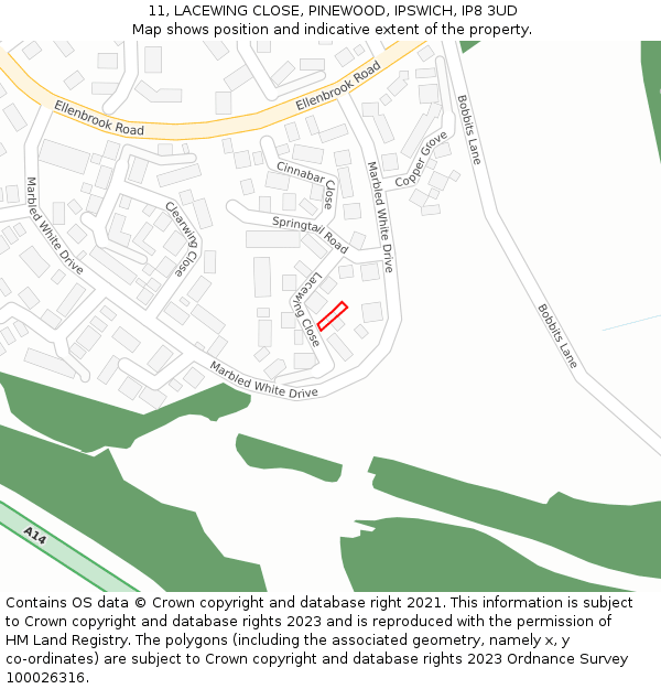 11, LACEWING CLOSE, PINEWOOD, IPSWICH, IP8 3UD: Location map and indicative extent of plot