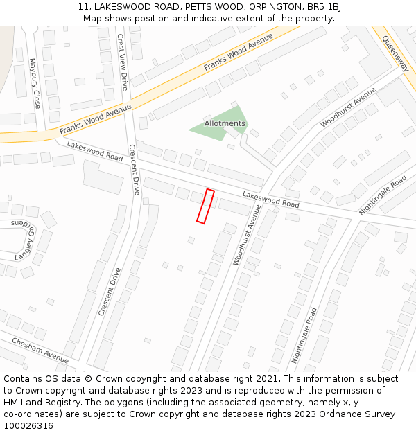 11, LAKESWOOD ROAD, PETTS WOOD, ORPINGTON, BR5 1BJ: Location map and indicative extent of plot