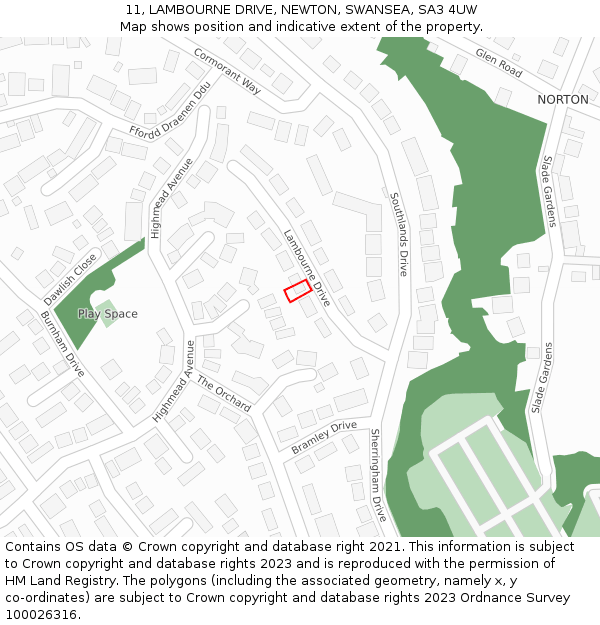 11, LAMBOURNE DRIVE, NEWTON, SWANSEA, SA3 4UW: Location map and indicative extent of plot
