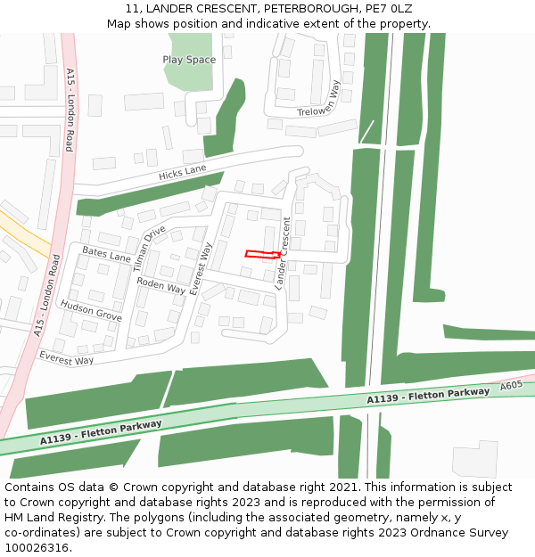 11, LANDER CRESCENT, PETERBOROUGH, PE7 0LZ: Location map and indicative extent of plot