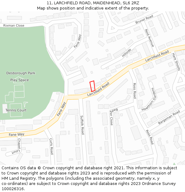 11, LARCHFIELD ROAD, MAIDENHEAD, SL6 2RZ: Location map and indicative extent of plot