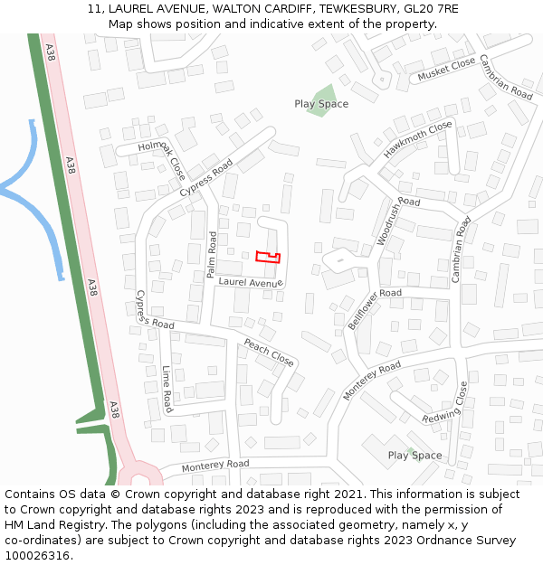 11, LAUREL AVENUE, WALTON CARDIFF, TEWKESBURY, GL20 7RE: Location map and indicative extent of plot