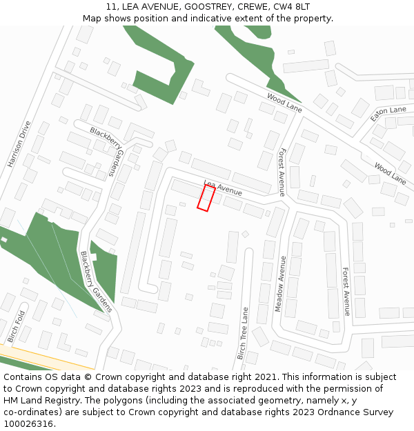 11, LEA AVENUE, GOOSTREY, CREWE, CW4 8LT: Location map and indicative extent of plot